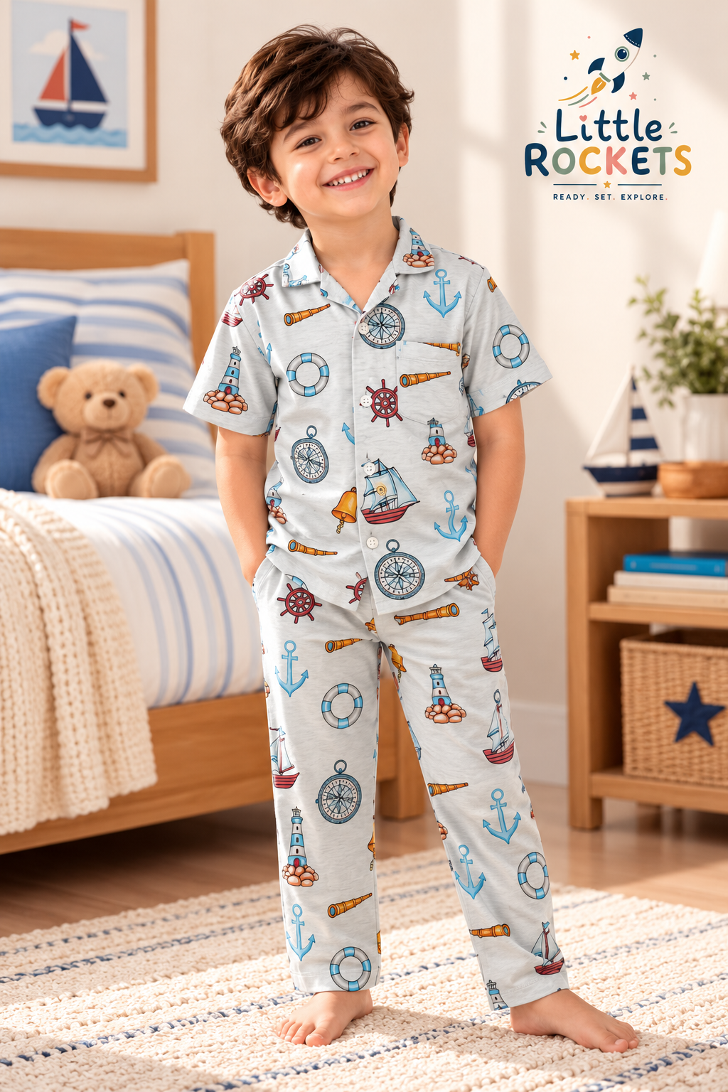 Nautical Print White Night Suit