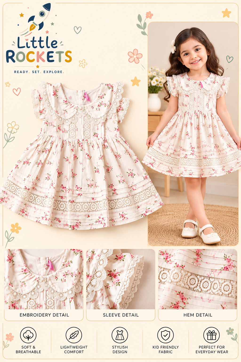 Ivory Lace Floral Dress for Girls – view 2
