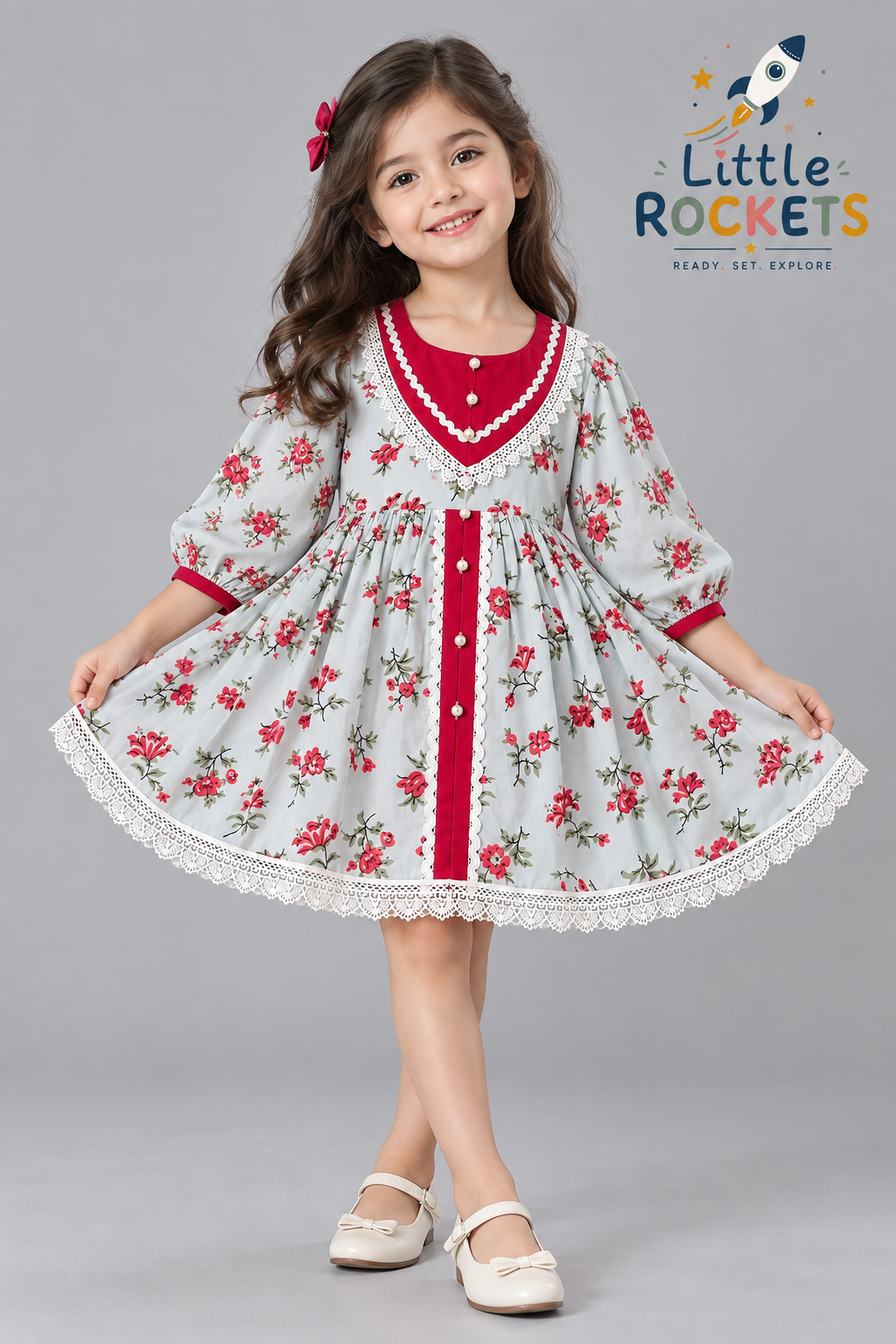 Grey Rose Lace Dress for Girls