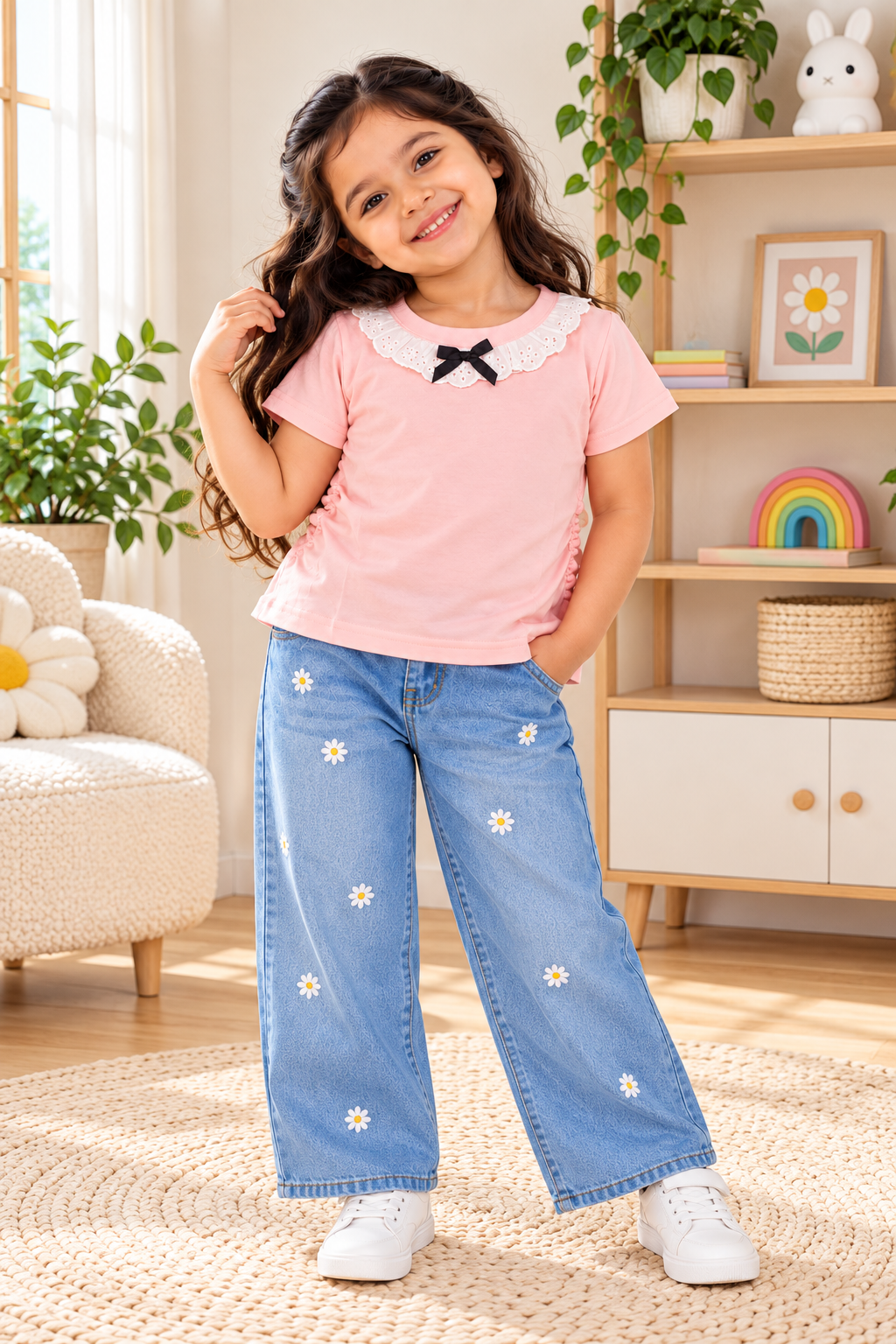 Eyelet Collar Bow Top for Girls