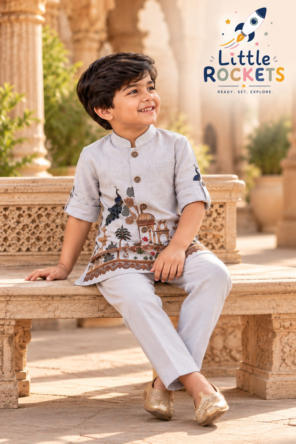 Peacock Print Kurta Set for Boys