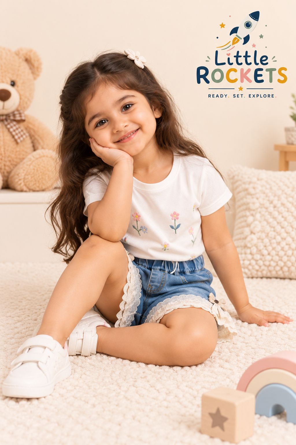 Lace Trim Denim Shorts for Girls