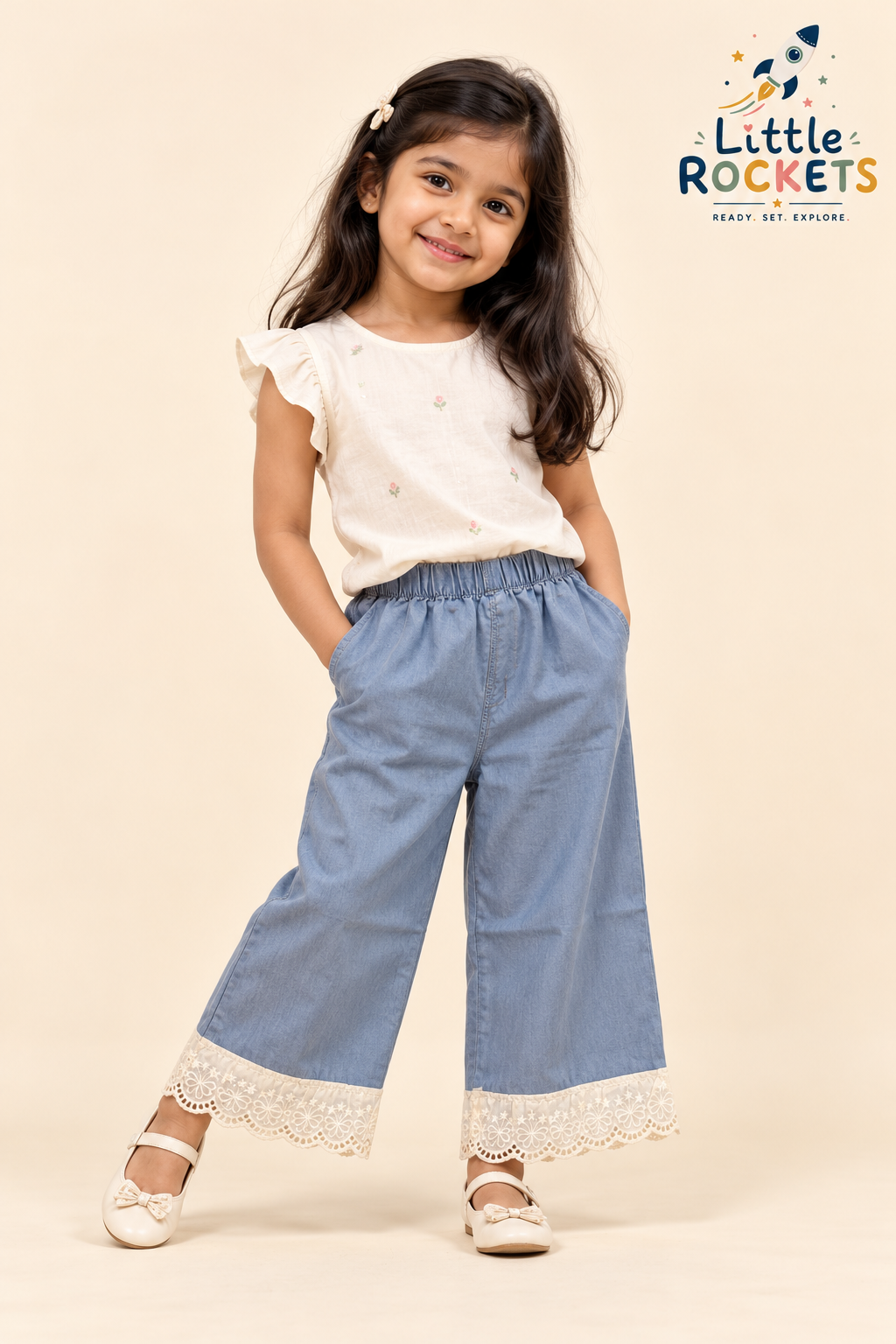 Lace Hem Wide-Leg Jeans for Girls