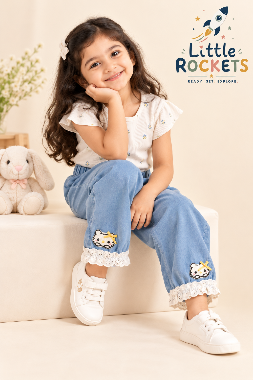 Kitty Denim Joggers for Girls