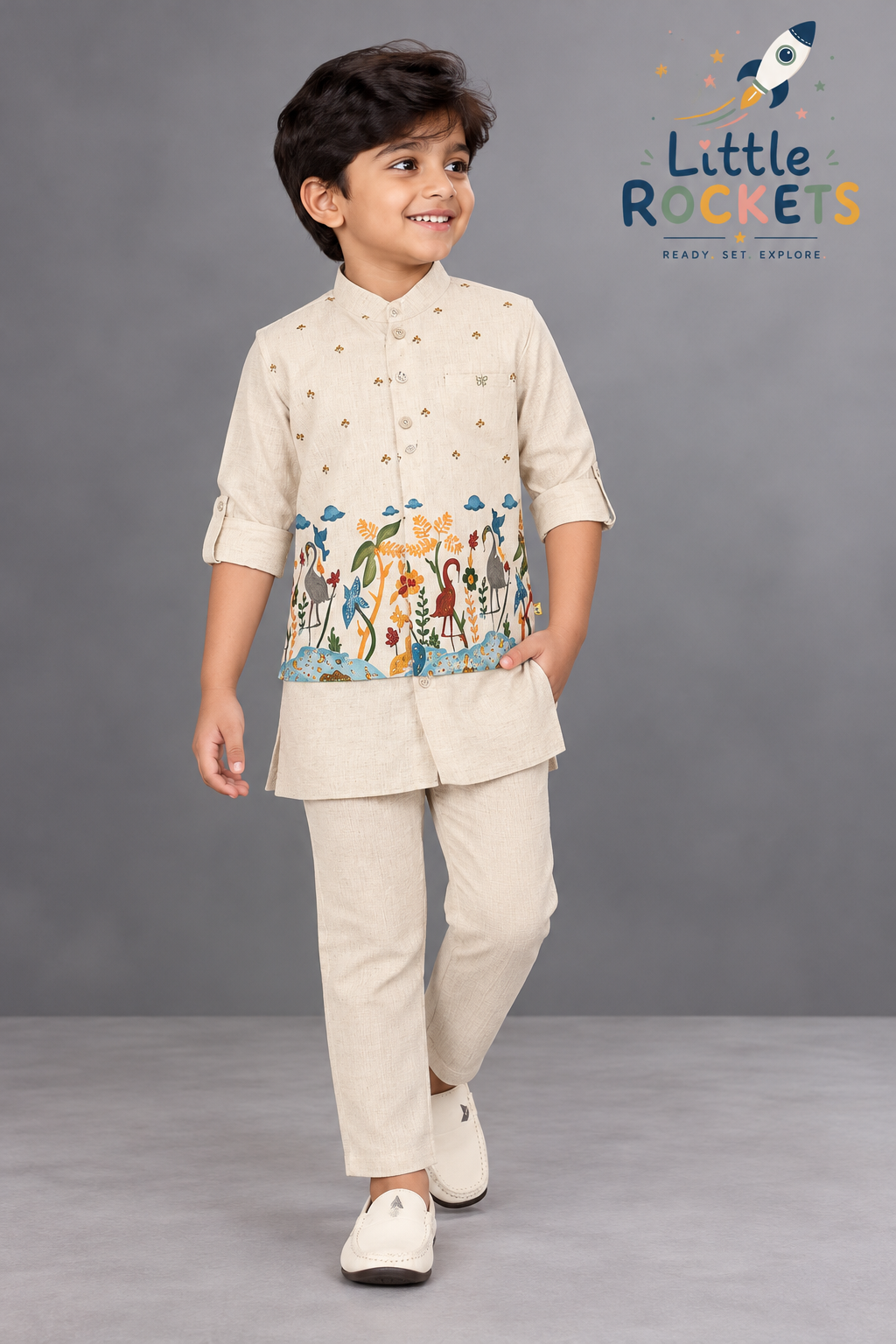 Bird Print Kurta Set for Boys