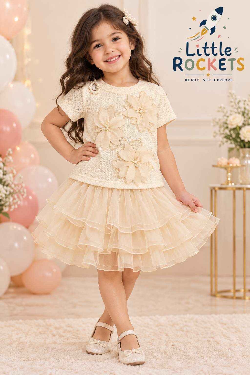 Ivory Pearl Floral Top for Girls