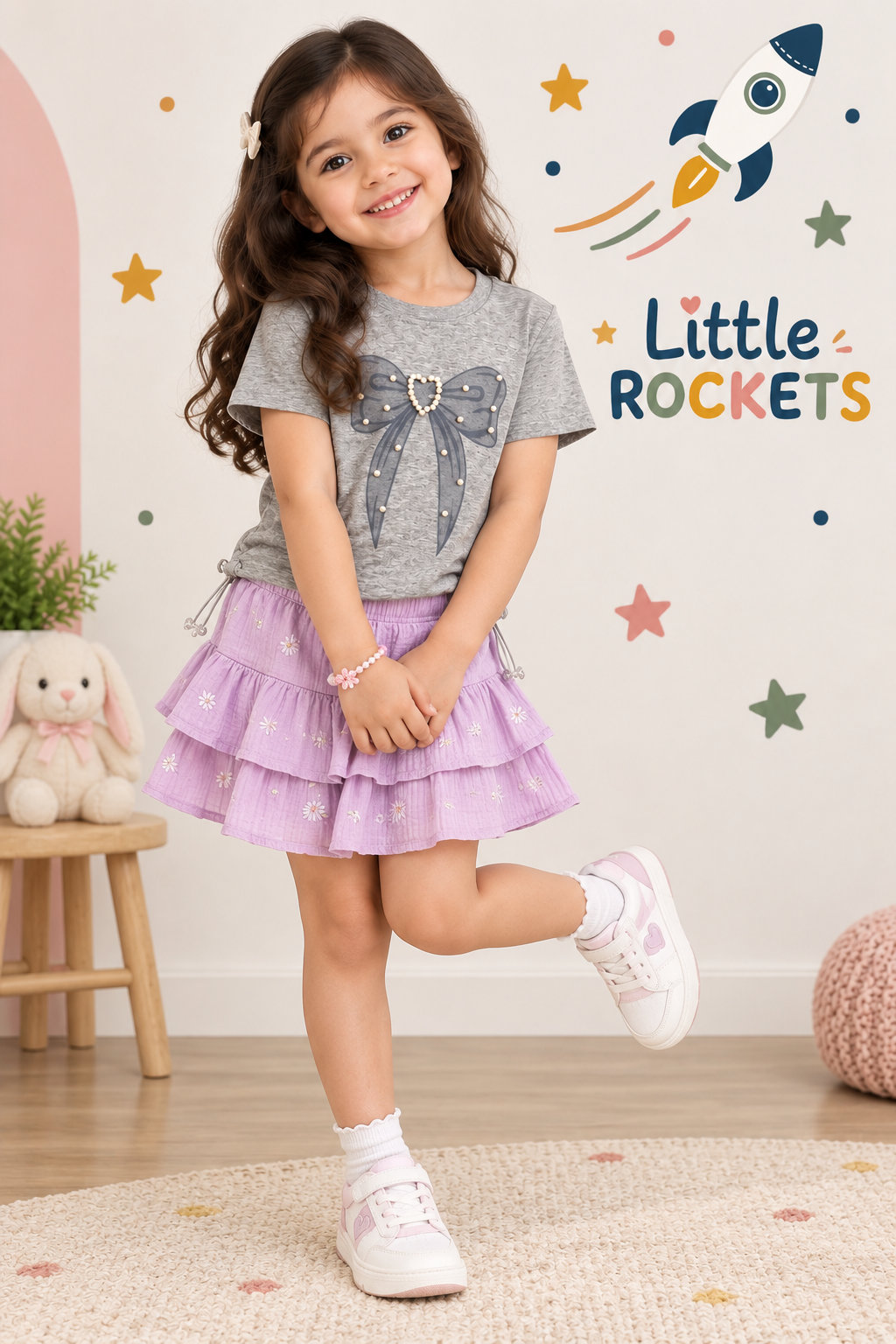 Grey Pearl Bow T-Shirt for Girls