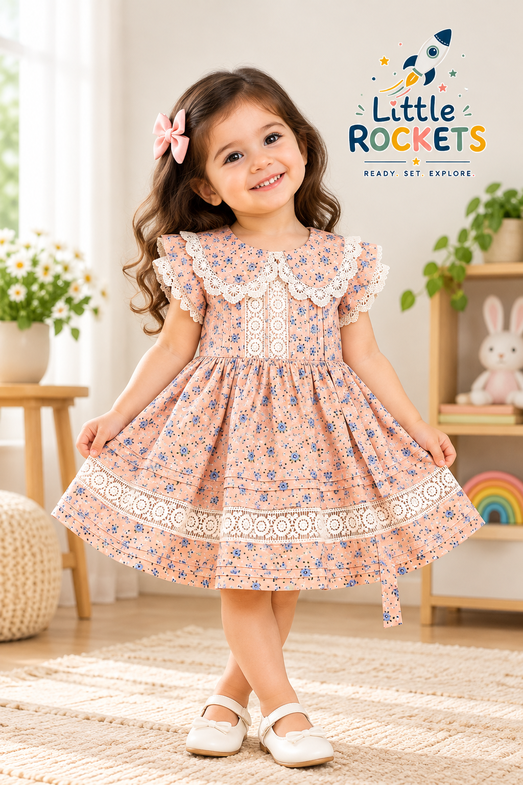 Peach Lace Floral Dress for Girls
