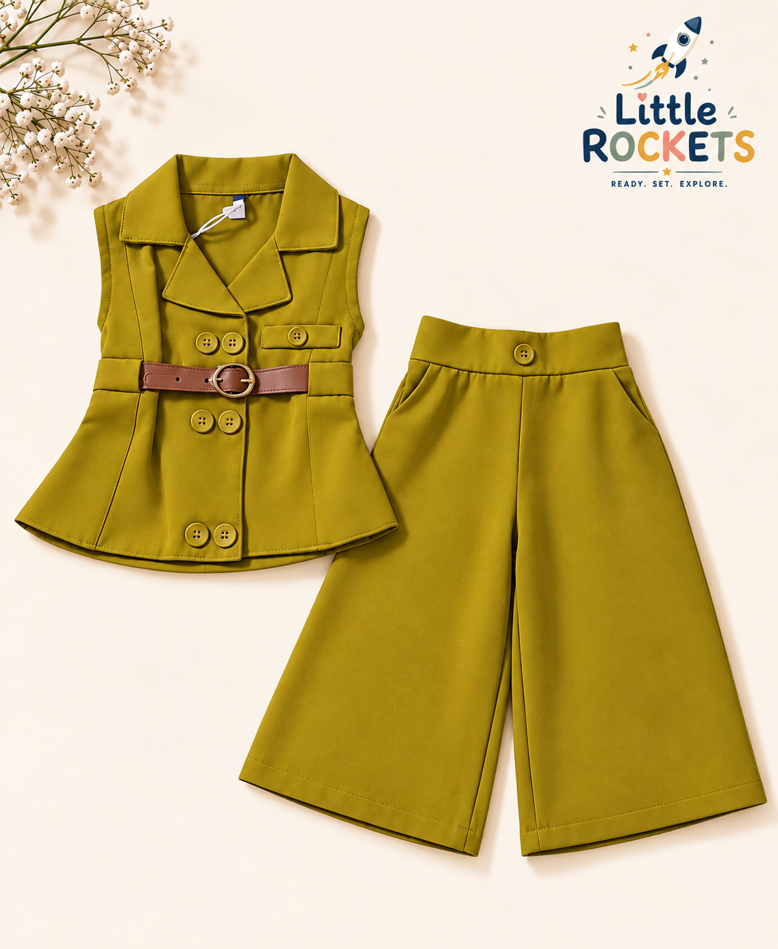 Olive Korean Co-ord Set for Girls – view 4