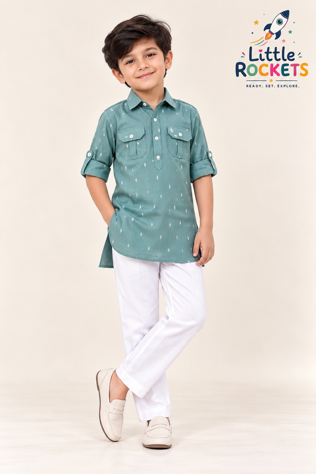 Teal Printed Kurta Set for Boys