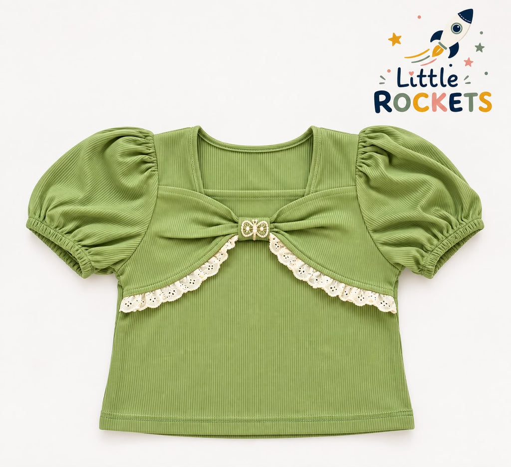Sage Puff Sleeve Top for Girls – view 3